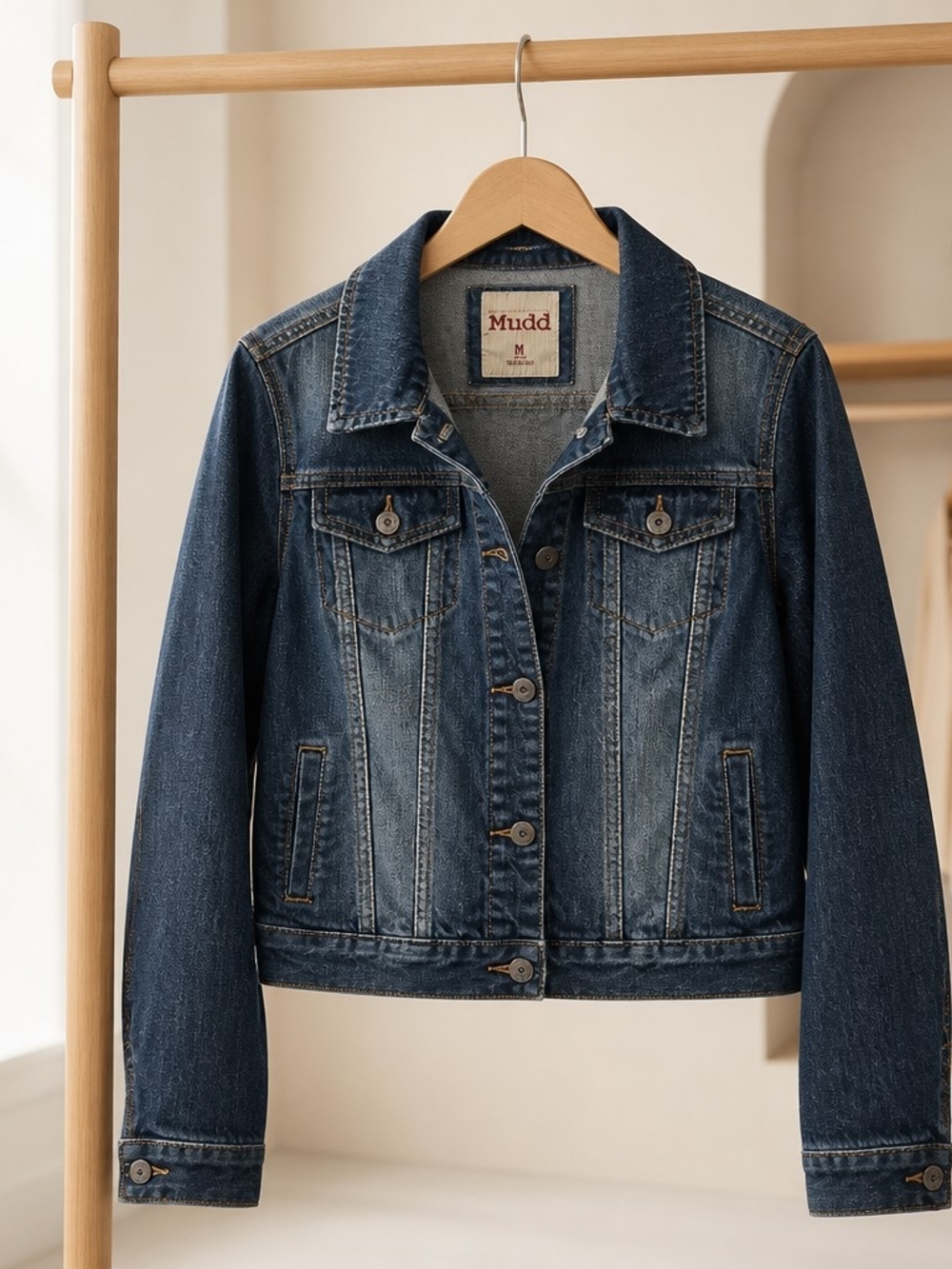 Mudd Denim Trucker Jacket Medium Wash Cotton Cropped Blue Jean Y2K 5009